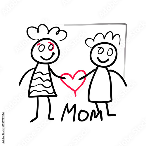 A child's drawing of their mother with a heart that says Mom colorful vector icon