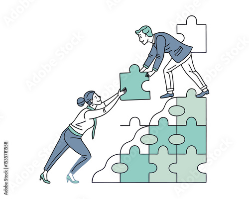 Outlined Vector Icon of Puzzle Pieces Fitting Together – Business Synergy and Cooperation Concept