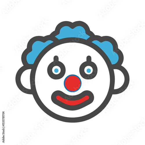 Whimsical Cartoon Clown Face with Blue Hair and Red Nose Design colorful vector icon