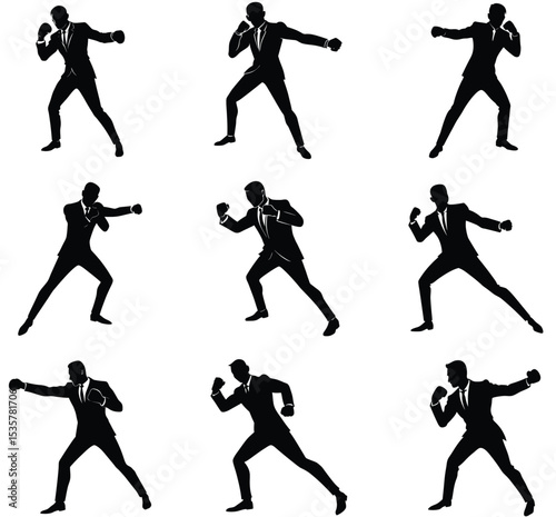 Businessman Boxing Silhouettes Nine Action Poses for Competitive Strategy Illustrations