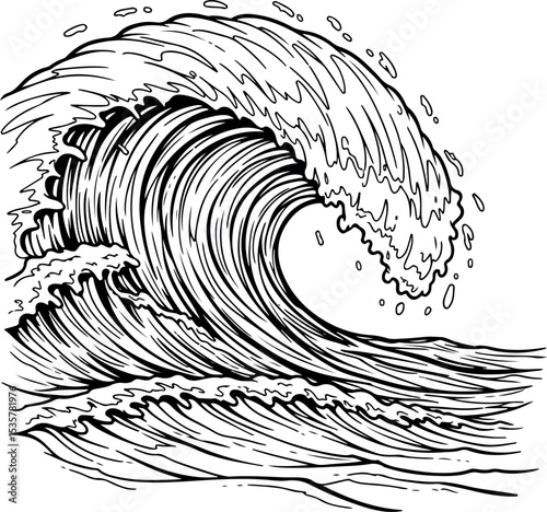 Ocean Wave Line Art Illustration - Hand-Drawn Surf and Sea Waterscape.