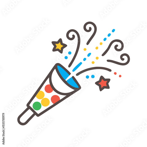Vector graphic of a colorful party popper exploding with confetti shapes colorful vector icon