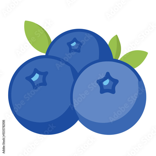 Illustration of a Fresh Bunch of Plump Blueberries with Green Leaves on a White Background, Perfect for Summer and Healthy Eating
