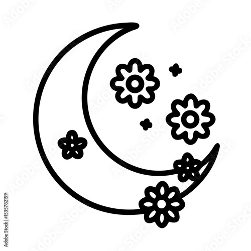 Crescent moon with flower blossoms floating, an icon symbolizing dreams and night colorful vector icon