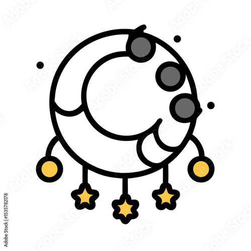 Cute baby crib mobile with moon, stars and circles design colorful vector icon