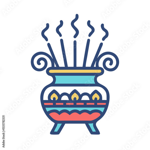 Ornate Incense Burner with Rising Smoke, Representing Spirituality and Tranquility colorful vector icon