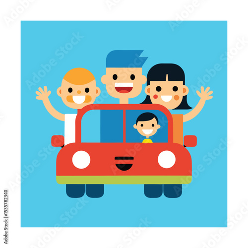 Smiling Family Waving During Car Trip Vacation