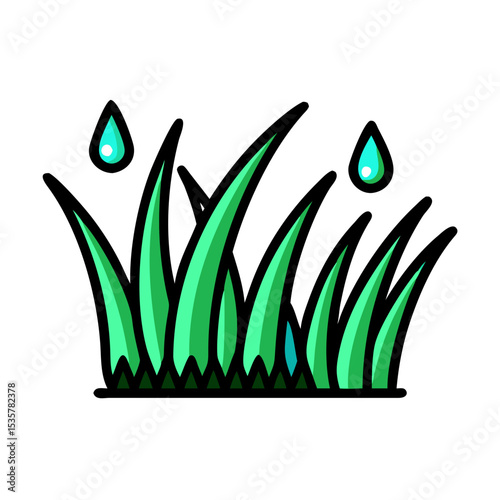 Fresh green grass with water droplets, indicating life and growth after rain colorful vector icon