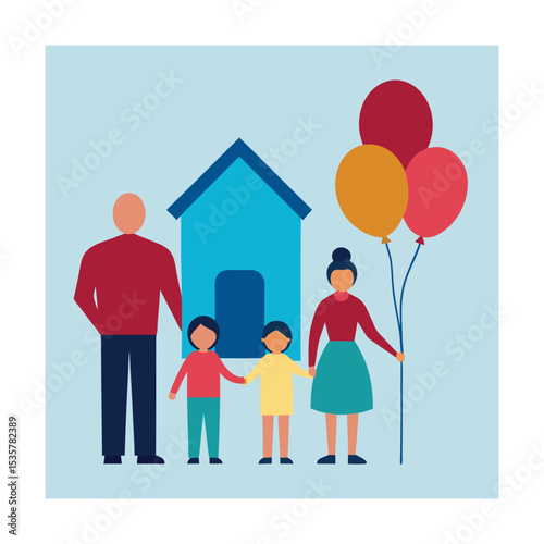 Family with Balloons Standing Near Their House