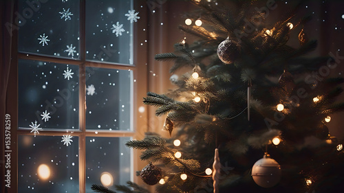 Christmas background with trees lights and snowflakes
