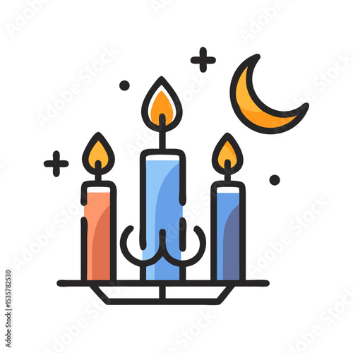 Cartoon illustration of lit candles on a candelabra with a crescent moon colorful vector icon