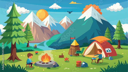 Children Camping, Preparing Food at Bonfire Near Tent with Mountain Scenery Graphic