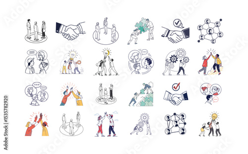 Business Teamwork and Collaboration Vector Icon Set – Communication, Planning, Idea Sharing, Partnership, Innovation, and Productivity Concept