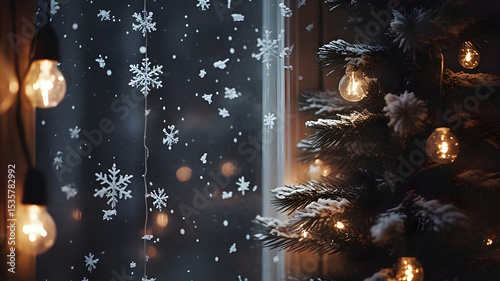 Christmas background with trees lights and snowflakes