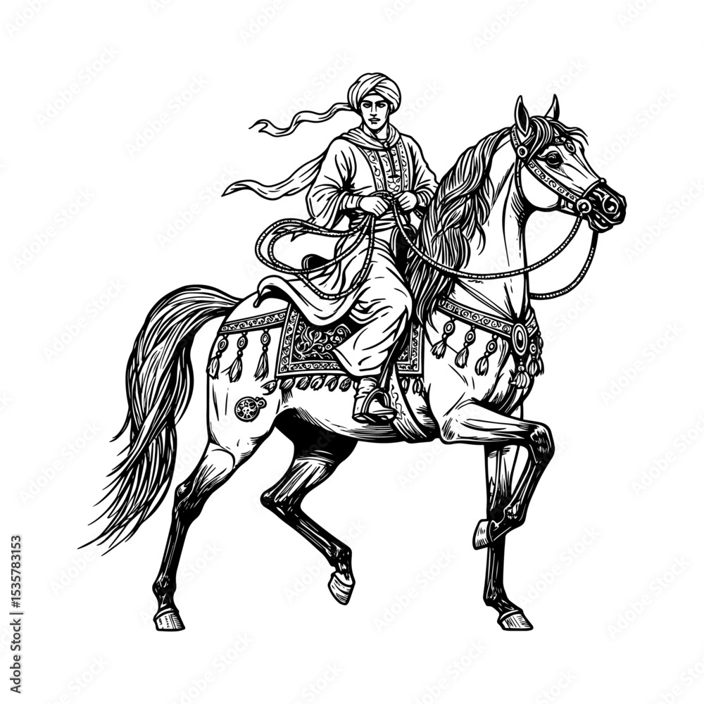 Obraz premium South Asian Prince on Royal Horse Historical Illustration