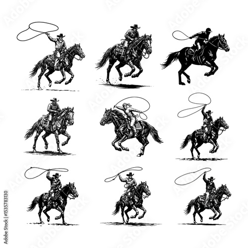 Western Cowboy Roping on Horseback Vintage Sketch Illustration Set