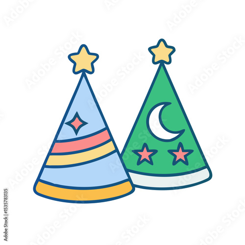 Whimsical Party Hats with Stars, Moon and Stripes Ready for Celebration colorful vector icon