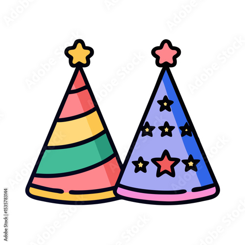 Two festive party hats with stars for a joyful celebration vector colorful vector icon