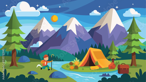 Animated Camping Scene with Tent, Mountains, River, Stars, Trees and a Hiker
