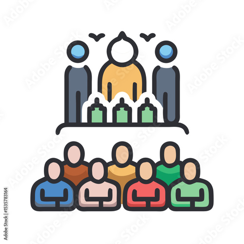 Illustration of a board meeting with audience in attendance and presentation colorful vector icon