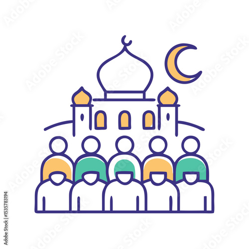 Muslim community at the mosque during Ramadan, praying and celebrating together colorful vector icon