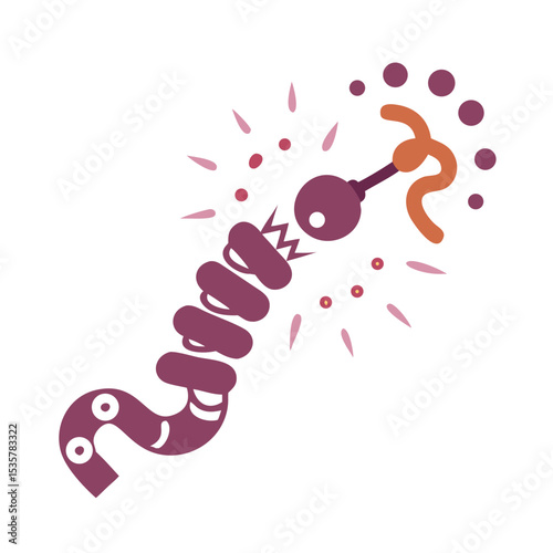 A whimsical worm creature being zapped with a funky shaped ray gun colorful vector icon