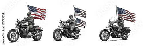 Patriotic American Soldier on Motorcycle with USA Flag Illustration Set