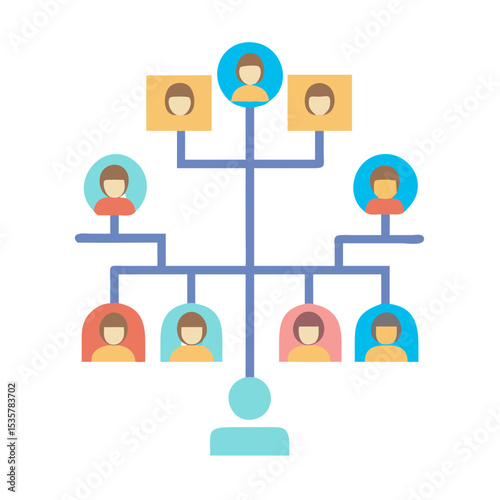 Simplified family tree or organizational chart with abstract people icons colorful vector icon