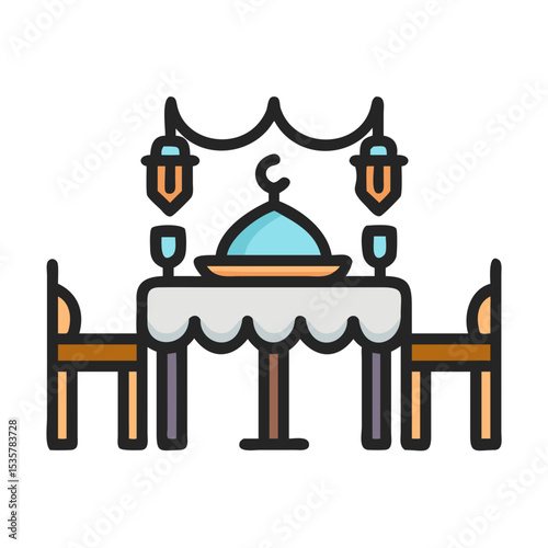 Festive Ramadan Dinner Table Setting with Lamps and Crescent Moon colorful vector icon