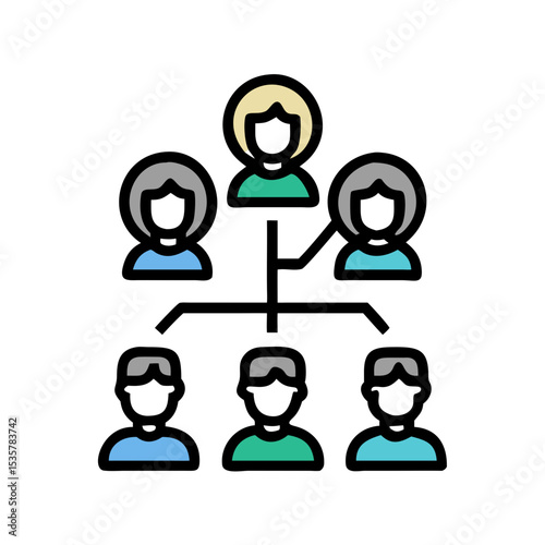 Organizational chart showing reporting structure for managers and their team members colorful vector icon