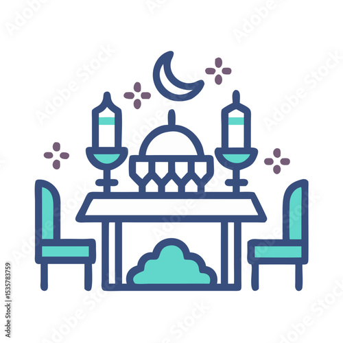 Romantic dining table with candles moon and stars for a special dinner colorful vector icon