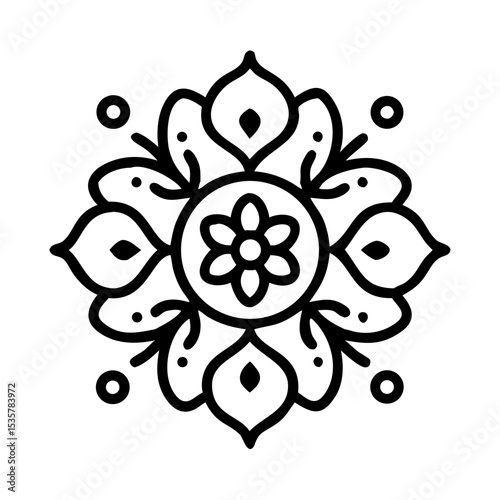 Elegant black and white flower mandala with intricate petal designs and accents colorful vector icon