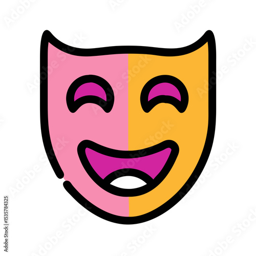 Two faced happy theatre mask icon with pink and yellow segments colorful vector icon
