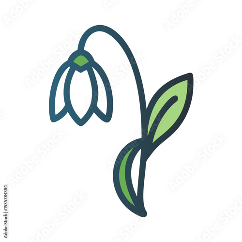 Elegant stylized snowdrop flower illustration with vibrant green and blue outlines colorful vector icon