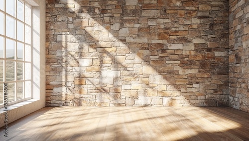 3D rendering of a spacious room with an empty wall, a window on the left side, and a stone accent wall on the right side. Bright sunlight illuminates the space from outside through large windows.