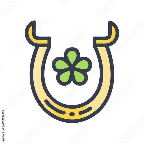 Stylized illustration of a lucky horseshoe with a fiveleaf clover inside colorful vector icon