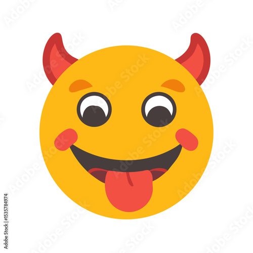 Cute little yellow devil emoji with red horns and sticking out tongue colorful vector icon