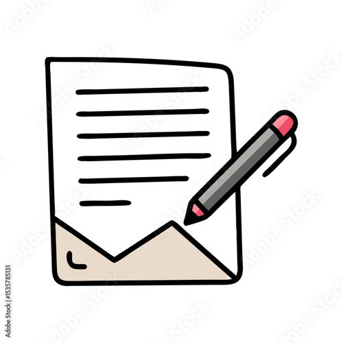 Stylized document with lines and a pen next to the paper colorful vector icon