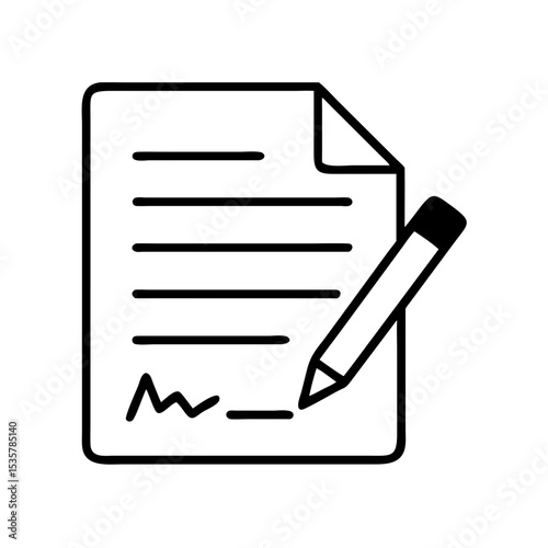 A minimalist illustration of a document being signed with a pencil colorful vector icon