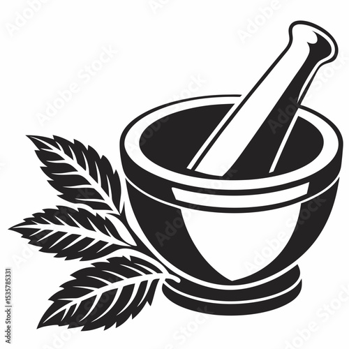 Black and White Illustration of Mortar and Pestle with Herbs