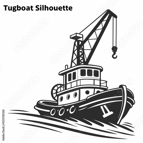 Black and White Tugboat Silhouette with Crane on Water