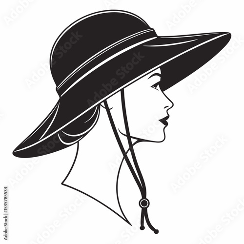 Elegant Woman Profile Wearing a Wide Brim Sun Hat Fashion Illustration