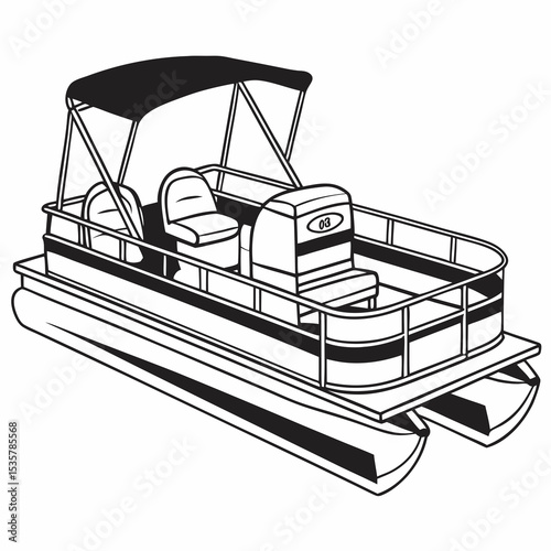 Black and White Illustration of a Pontoon Boat with Canopy