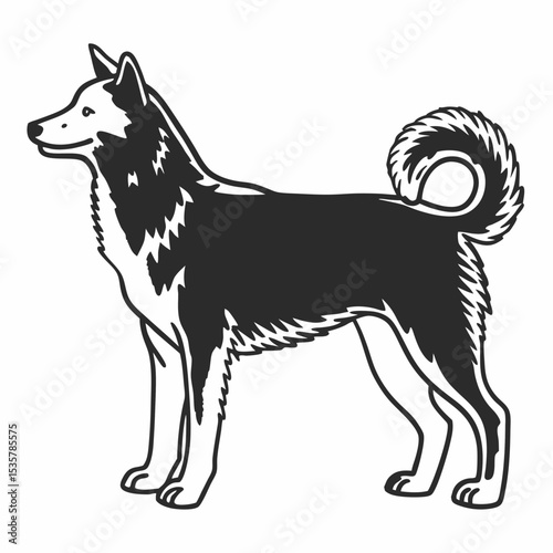 Black and White Illustration of a Husky Dog Standing Profile