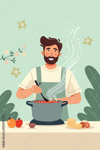 Happy man cooking, stirring pot, wearing apron, in a modern kitchen, with vegetables and herbs