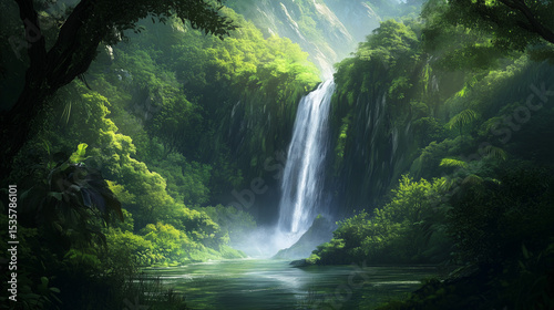 serene waterfall in lush green valley