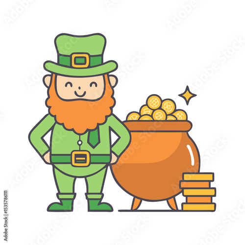 A cheerful leprechaun standing next to his pot of gold coins colorful vector icon