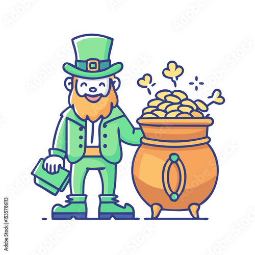 A cheerful leprechaun guarding a pot of gold on St Patricks Day colorful vector icon