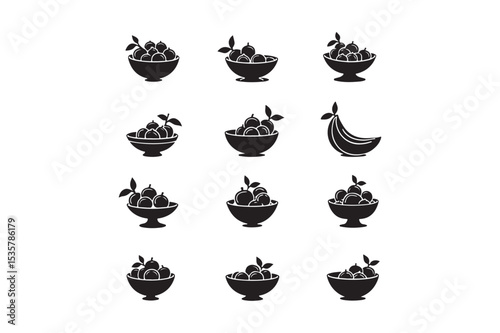 Fruit Bowl Icon Set Minimal Silhouette Vectors for Healthy Food and UI Design