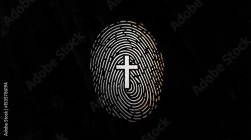 A minimalistic black and white fingerprint design featuring a white cross at the center, symbolizing identity and faith, rendered in clean line art.
